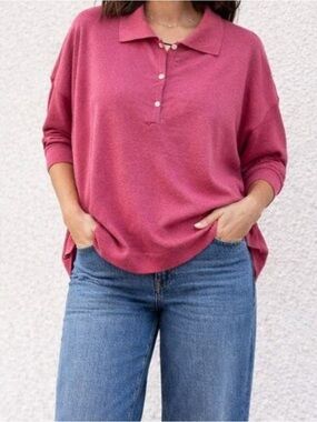 Tuckernuck Clayton linen blend knit hot pink pink collared buttoned sweater